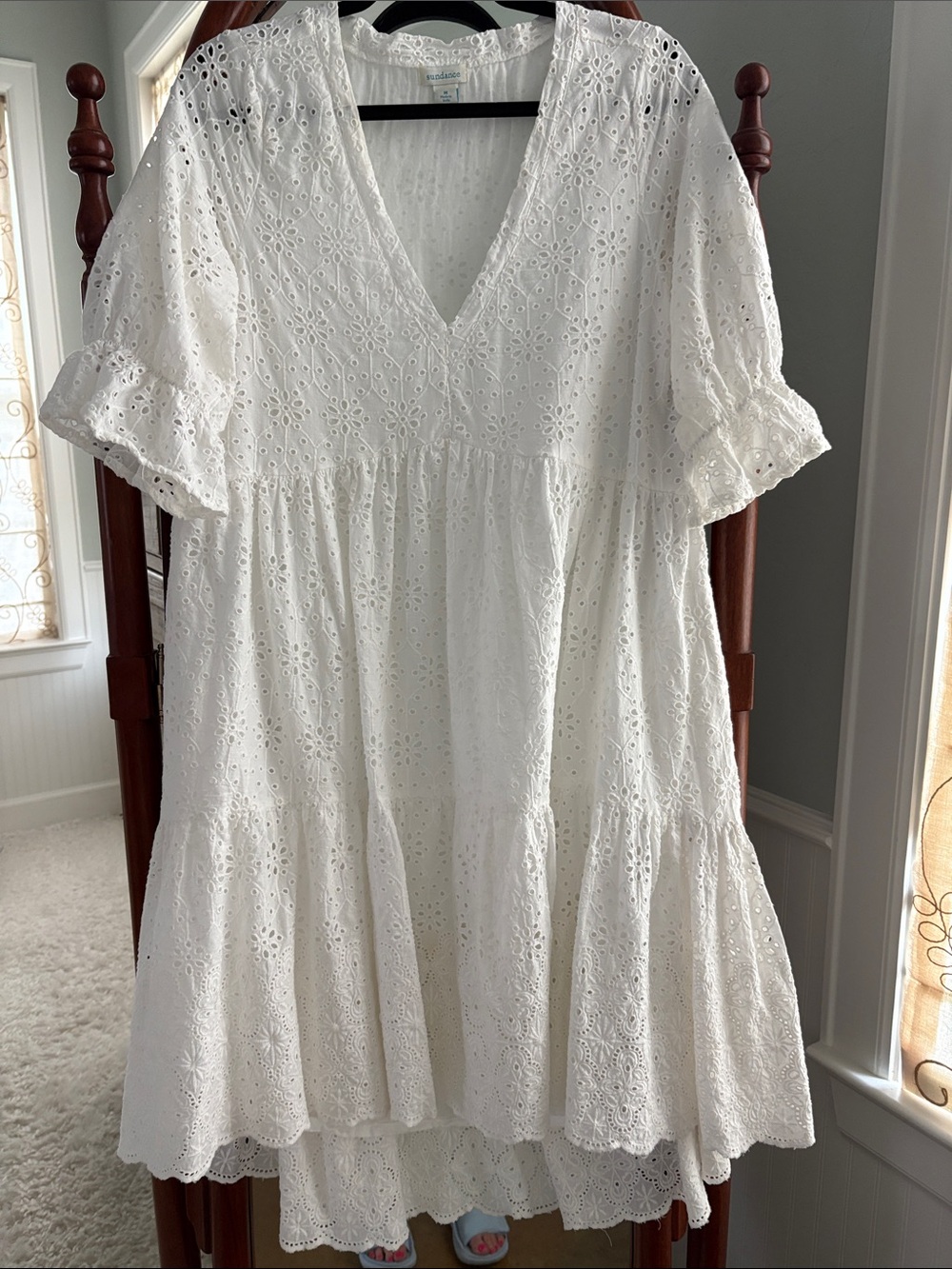 Sundance White Eyelet V-Neck Tiered Midi Dress